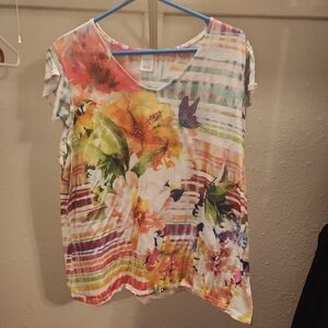 Time and Tru Multicolor Floral Striped Tee
